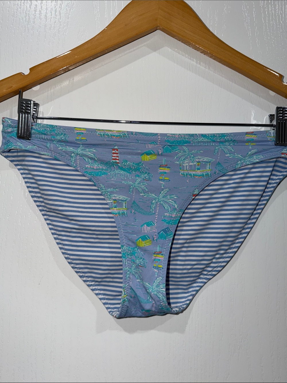 Striped & Tropical Print Bikini Bottoms - Light Blue reversible size medium